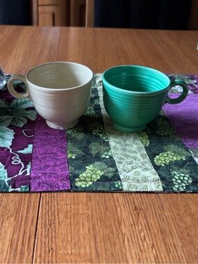 1930's Original Fiestaware Old Ivory and Light Green Ribbed Teacups- Set of 2